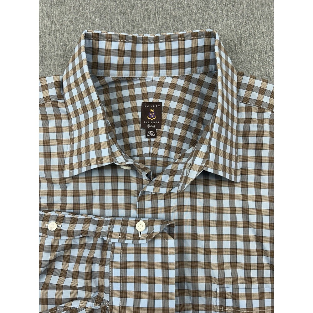 Robert Talbott Plaid Button Up Long Sleeve Shirt Mens 18.5 34/35B Blue Brown‎